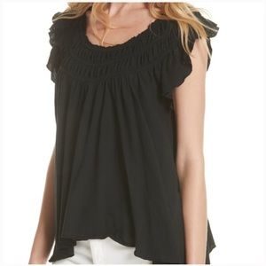 Free People Womens Coconut Gathered Ruffle Sleeve IN BLACK  Boho Knit Top Size S